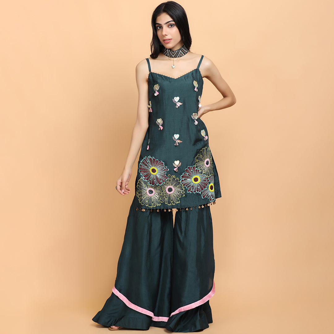 High-Low Flared Bottle Green Garara Suit main image 1